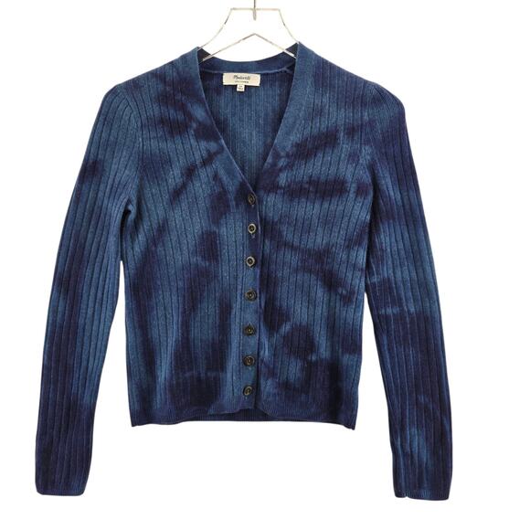 Madewell 100% Cashmere Cardigan Sweater Womens XS Blue Tie Dye Ribbed Knit Boho - Picture 3 of 10